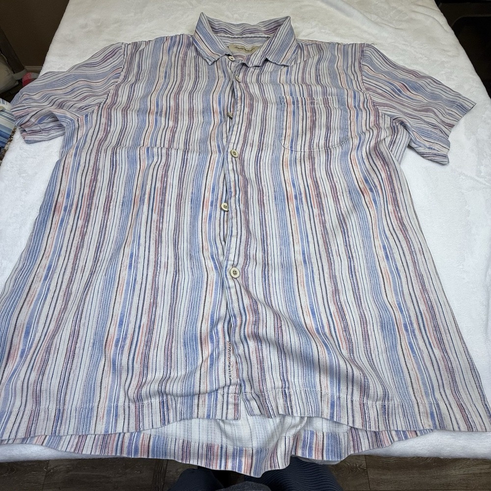 Tommy Bahama Mens XL Tall Silk Shirt Blue Pink Stripe Short Sleeve Button Up